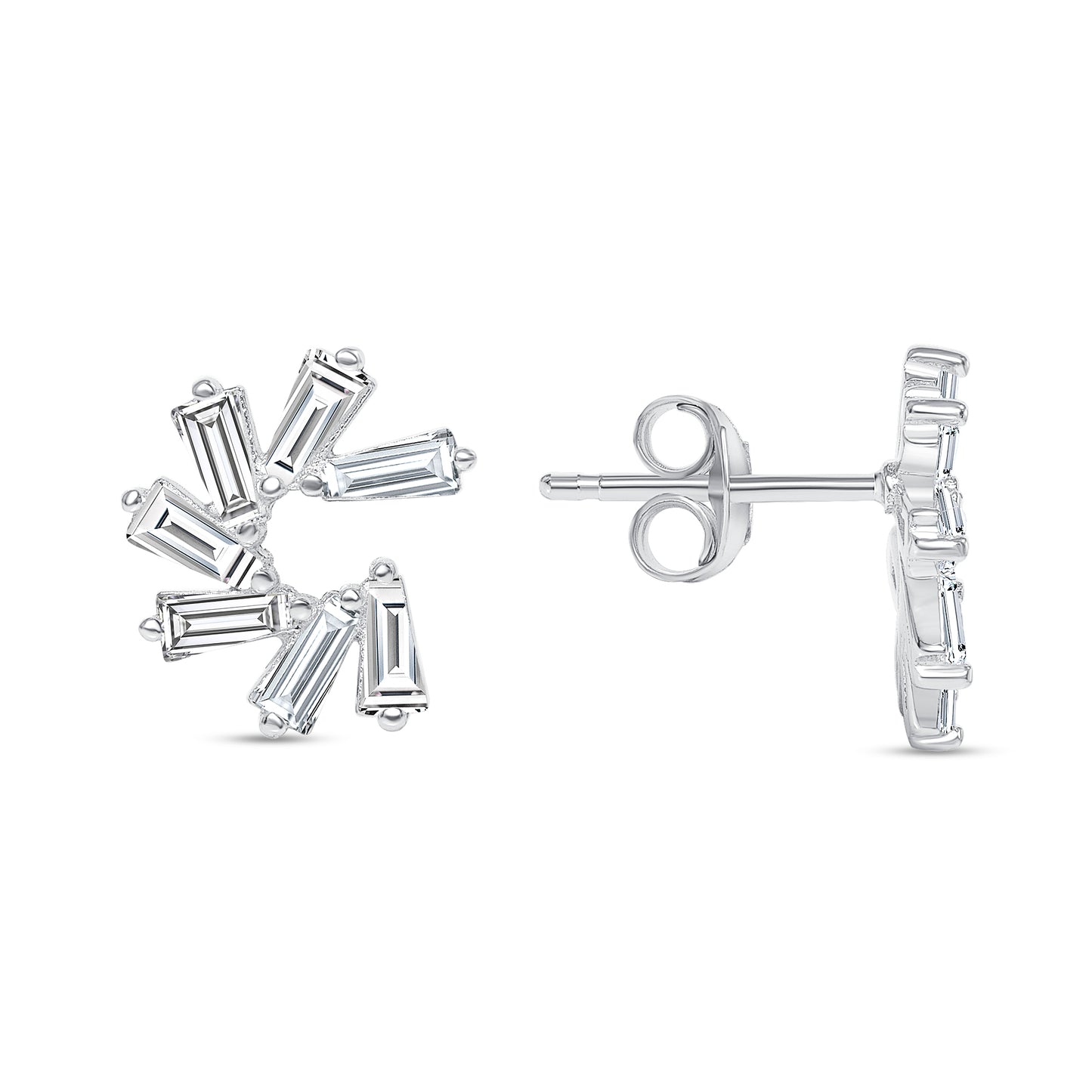 BE11052. Silver 925 Rhodium Plated Baguette Style Stud Earring