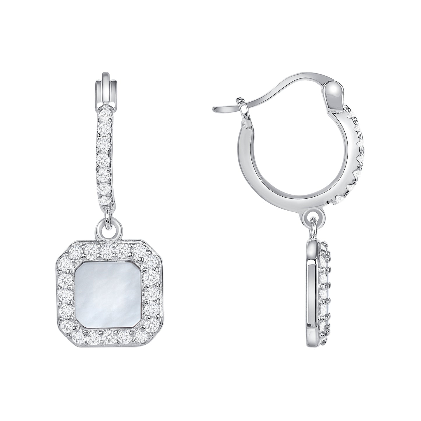 Silver 925 Rhodium Plated Cubic Zirconia Square White Opal Dangle Earring. BE11312