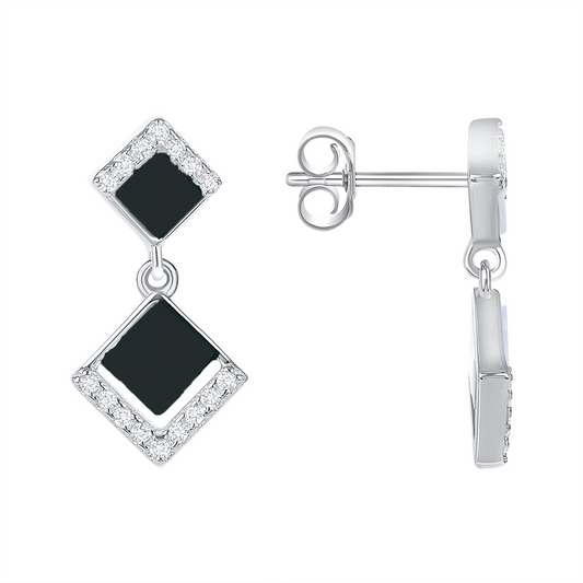 Silver 925 Rhodium Plated Cubic Zirconia Diamond Shaped Onyx Earring. BE11398ONYX