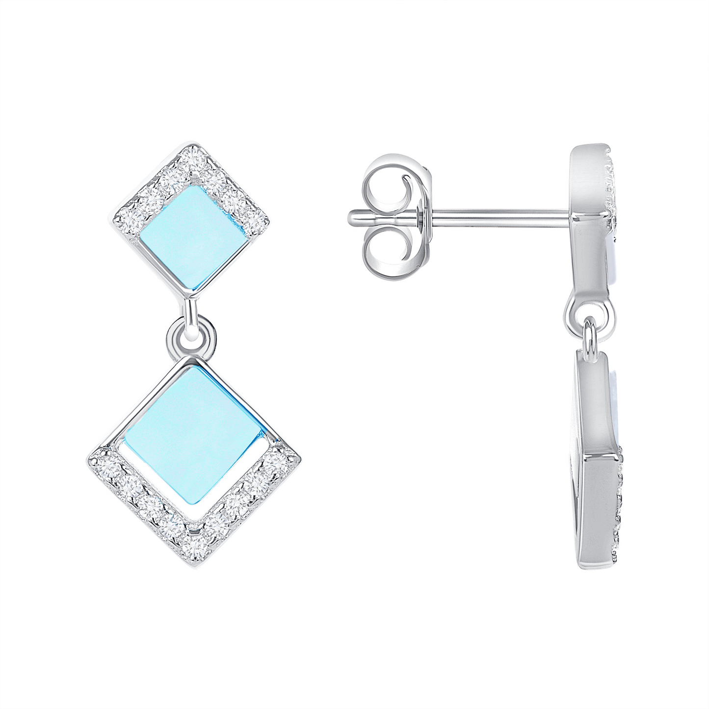 Silver 925 Rhodium Plated Cubic Zirconia Diamond Shaped Turquoise Earring. BE11398TQ