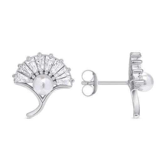 Silver 925 Rhodium Plated White Shell Pearl Clear Cubic Zirconia Earring. BE11657