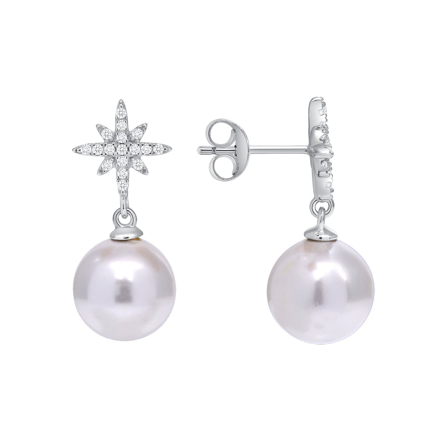Silver 925 Rhodium Plated White Shell Pearl Clear Cubic Zirconia Earring. BE11678