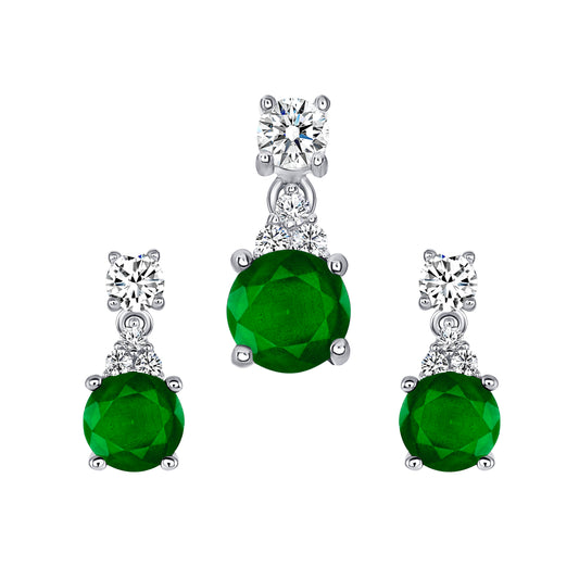 Silver 925 Rhodium Plated Round Emerald Matte Glass Set. SETBP12260GRN