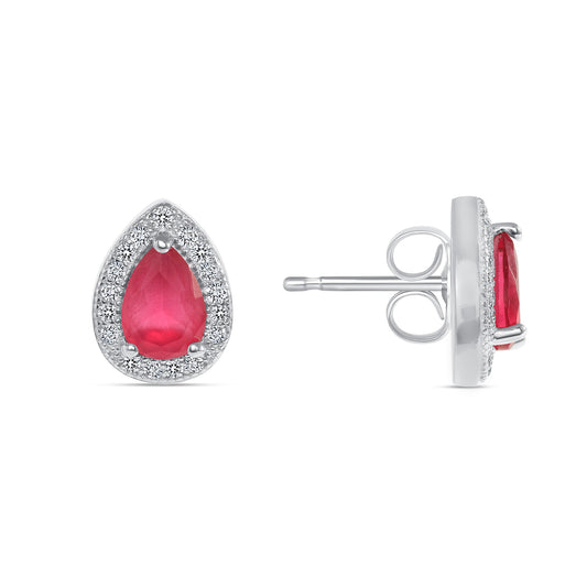 Silver 925 Rhodium Plated Pear Shape & Red Cubic Zirconia Stud. BE8159RED
