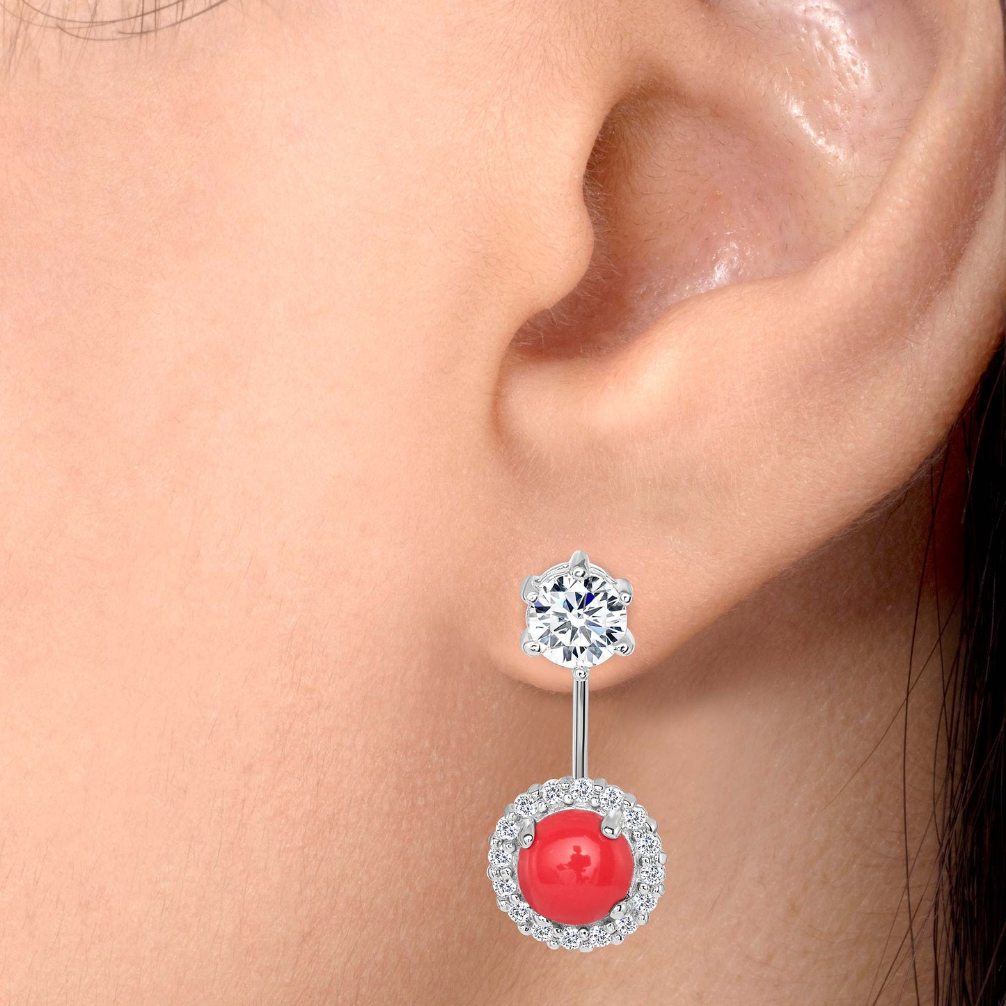 Silver 925 Rhodium Plated Double Stud Coral and Cubic Zirconia Earring. BE9372COL