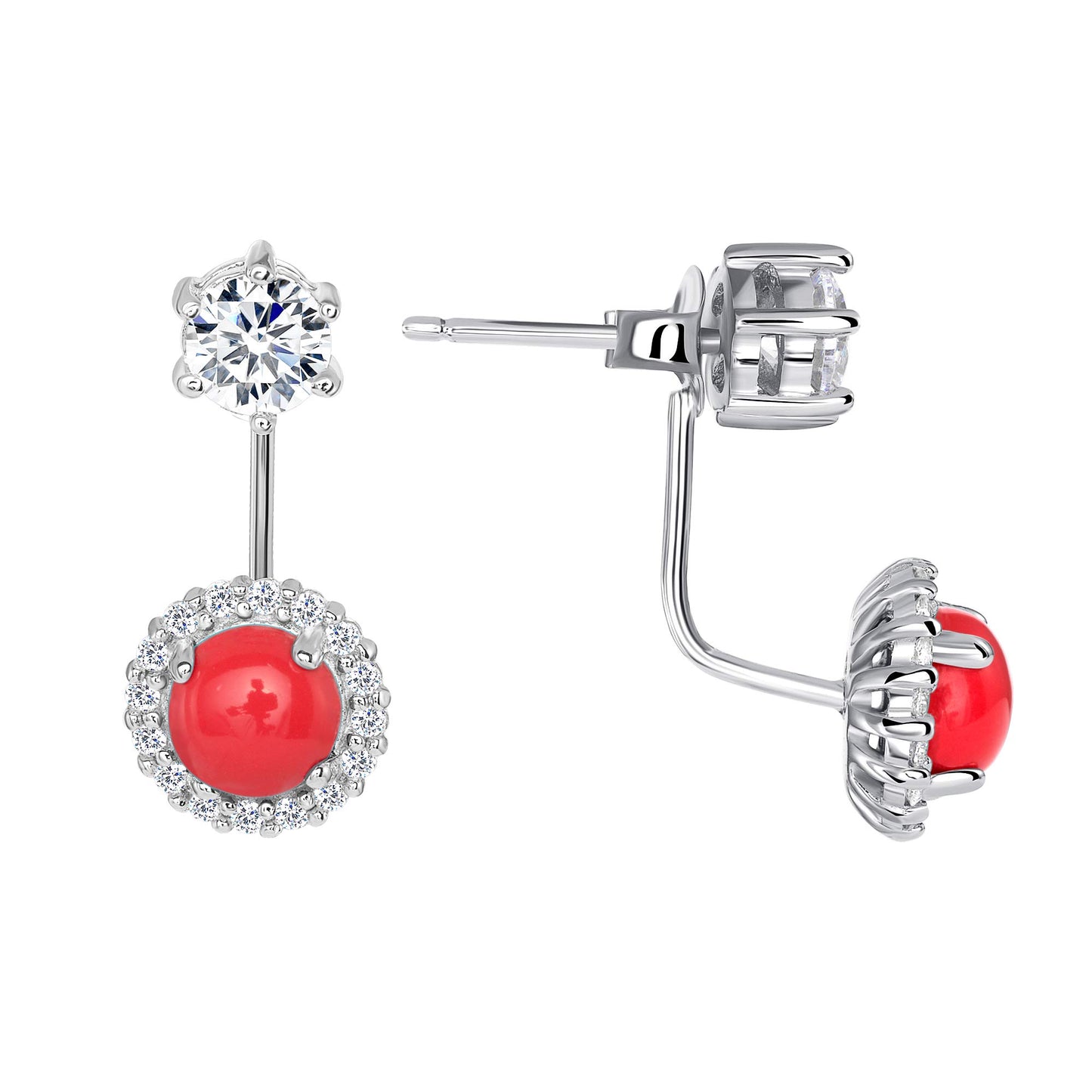 Silver 925 Rhodium Plated Double Stud Coral and Cubic Zirconia Earring. BE9372COL