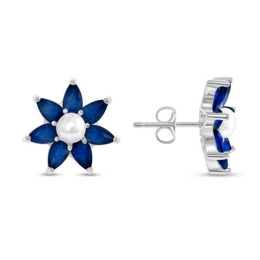 Silver 925 Rhodium Plated Pearl Flower Sapphire Earring. BE9930BLU