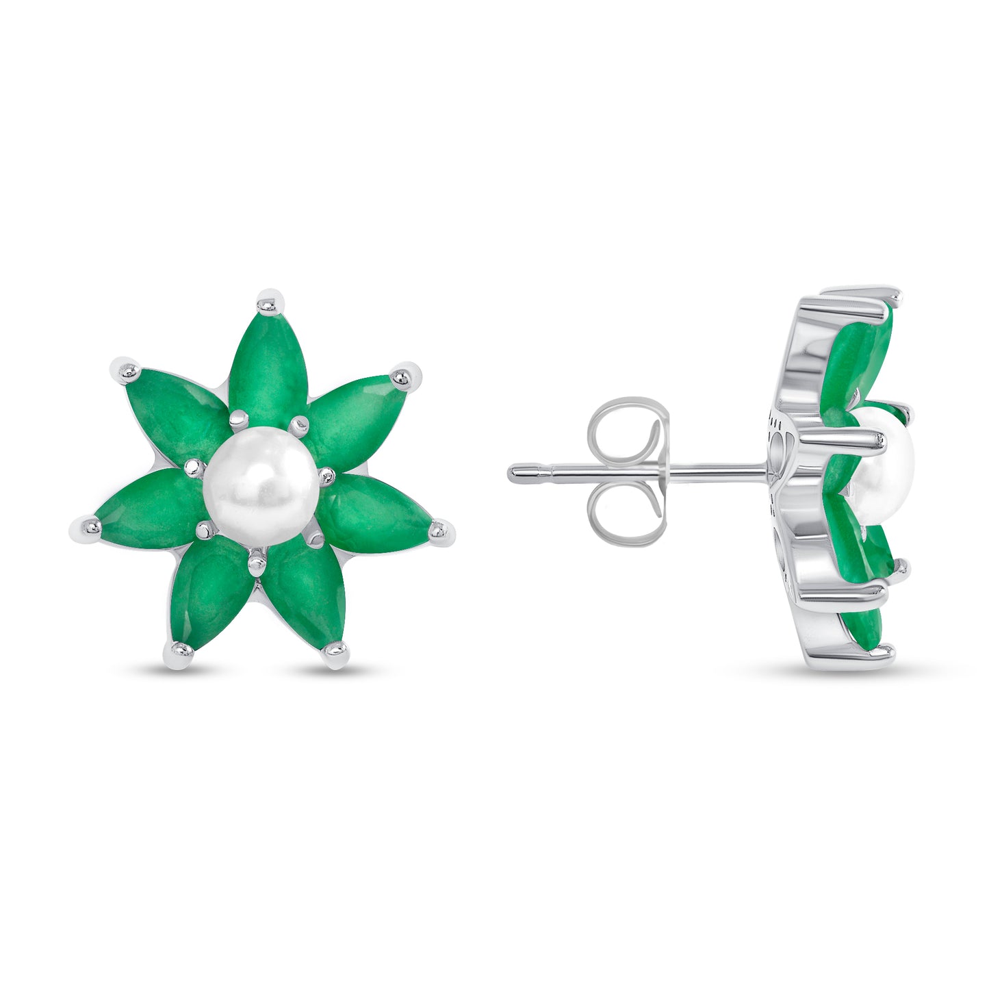 Silver 925 Rhodium Plated Pearl Flower Green Earring. BE9930GRN