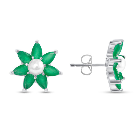 Silver 925 Rhodium Plated Pearl Flower Green Earring. BE9930GRN