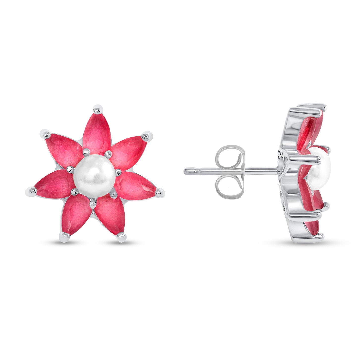 Silver 925 Rhodium Plated Pearl Flower Red Earring. BE9930RED