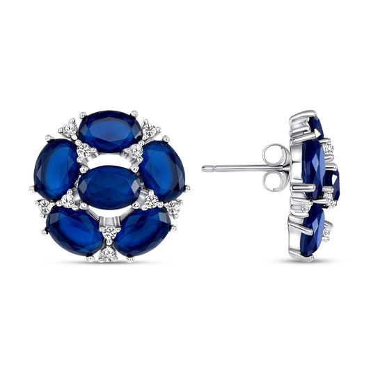 Silver 925 Rhodium Plated Fancy Flower Blue Cubic Zirconia Earring. BE9931BLU