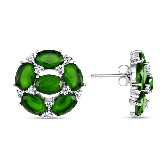 Silver 925 Rhodium Plated Fancy Flower Green Cubic Zirconia Earring. BE9931GRN