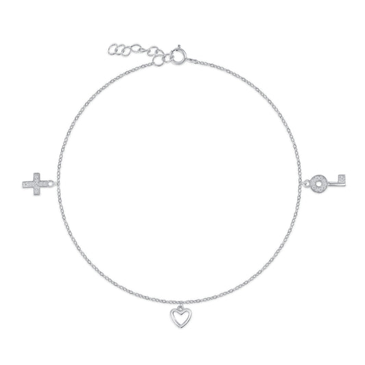 Silver 925 Rhodium Plated Cubic Zirconia Cross, Heart, Key Design Anklet. BF0102
