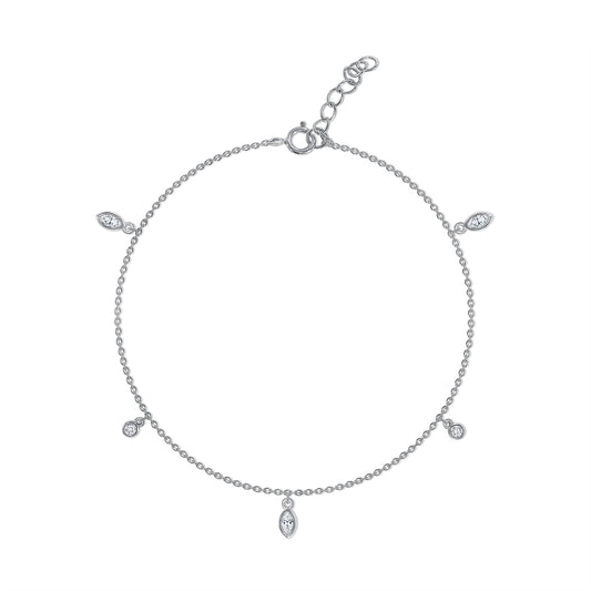 BF0115. Silver 925 Rhodium Plated Cubic Zirconia Round and Leaf Shape Design Anklet