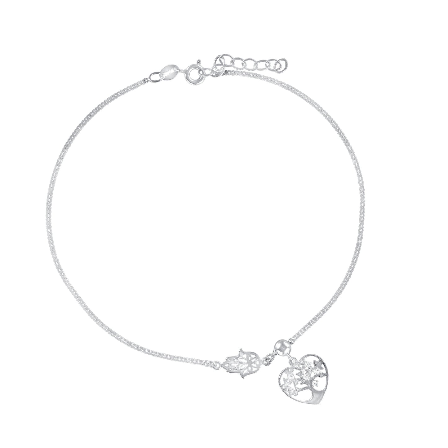 Silver 925 Cubic Zirconia Hamsa with Tree of Life Charm Anklet. BF0174