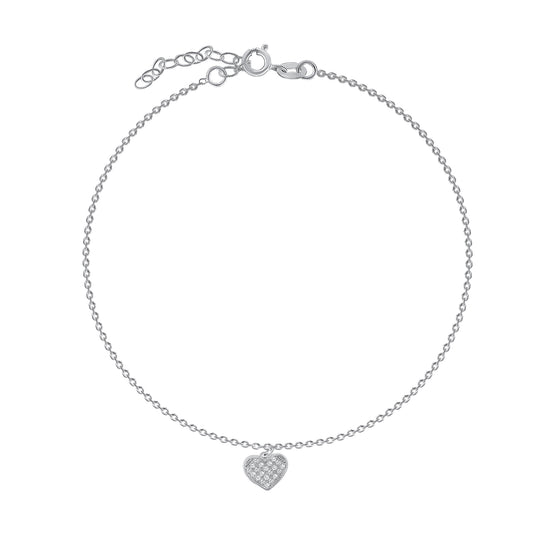 Silver 925 Cubic Zirconia Heart Charm Anklet. BF0176