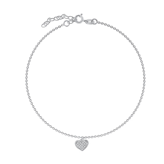 Silver 925 Cubic Zirconia Heart Charm Anklet. BF0176RHD