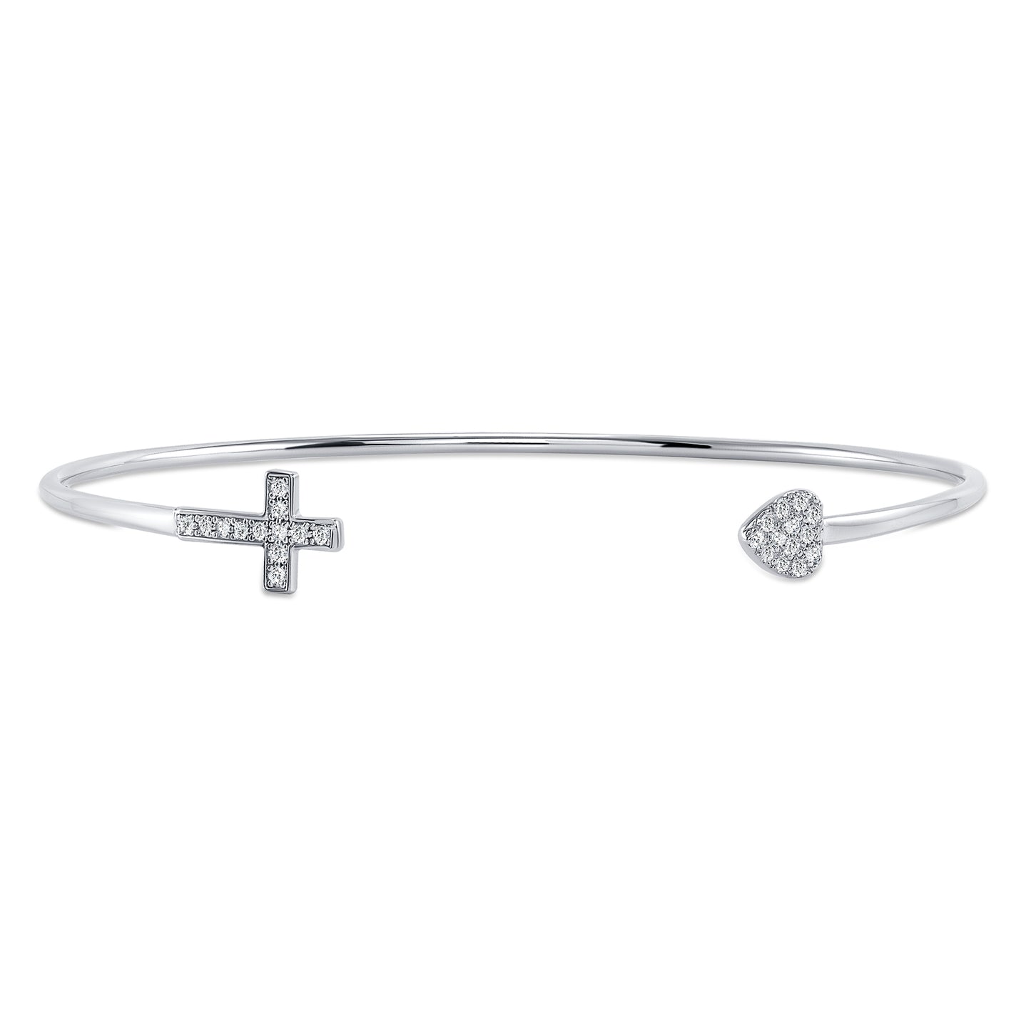 Silver 925 Rhodium Plated Heart and Cross Cubic Zirconia Bangle. BG0974RHD