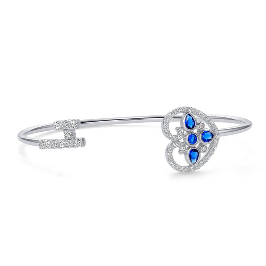 BG1095BLU. Silver 925 Heart & Key Blue Sapphire Cubic Zirconia Bangle