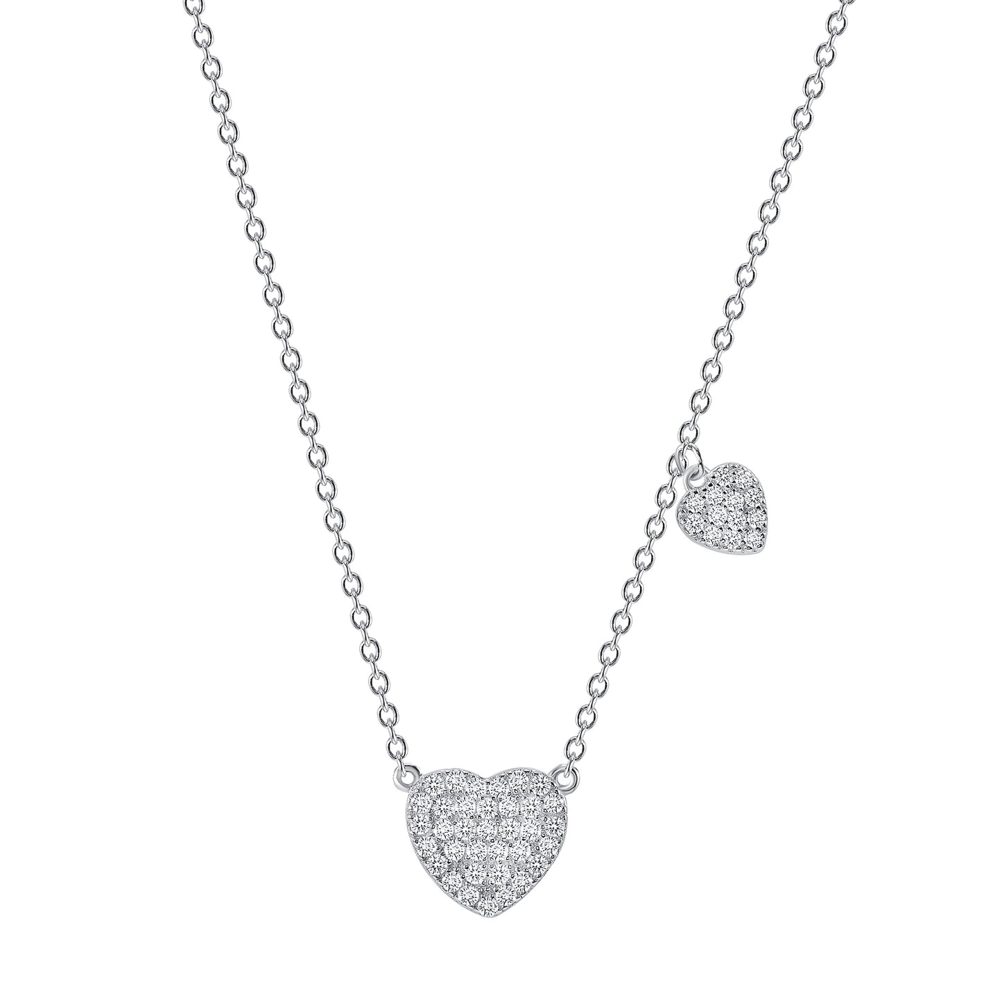 BN3262RHD. Silver 925 Rhodium Plated Cubic Zirconia Double Heart Necklace