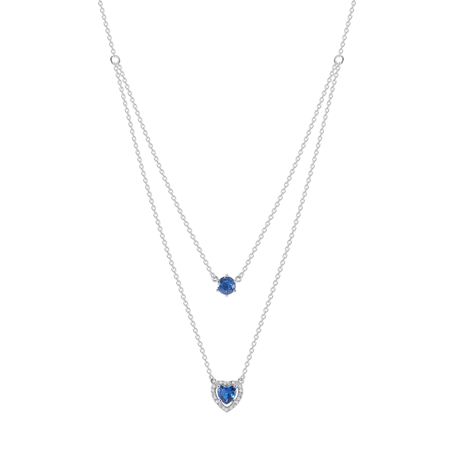 Silver 925 Rhodium Plated Cubic Zirconia Blue Sapphire Double Row Necklace. BN3357BLU