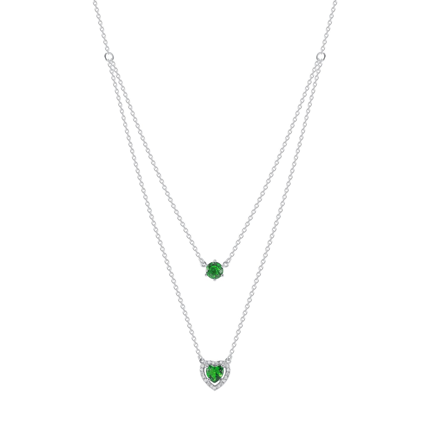 Silver 925 Rhodium Plated Cubic Zirconia Green Emerald Double Row Necklace. BN3357GRN