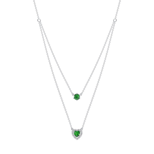 Silver 925 Rhodium Plated Cubic Zirconia Green Emerald Double Row Necklace. BN3357GRN