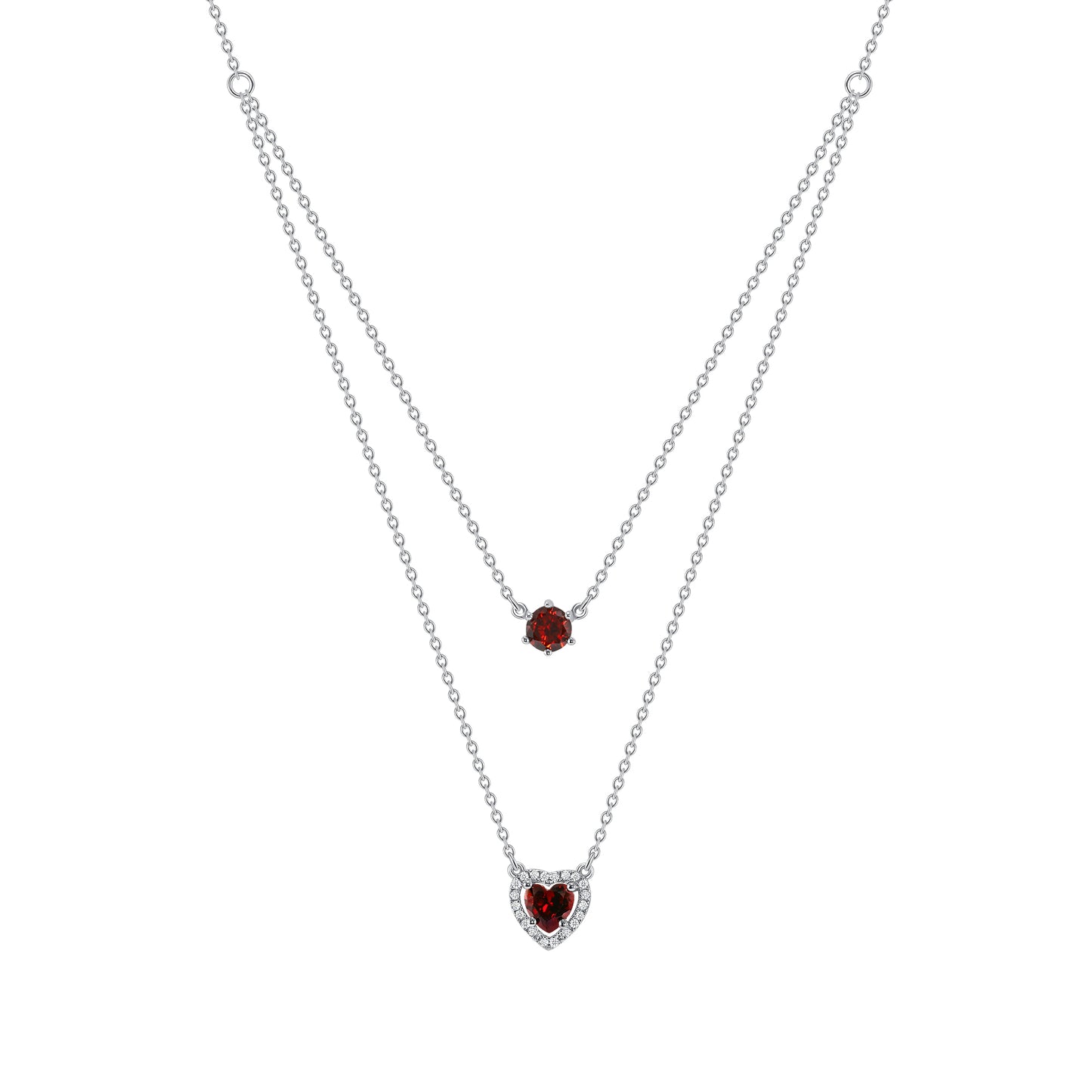 Silver 925 Rhodium Plated Cubic Zirconia Red Garnet Double Row Necklace. BN3357RED