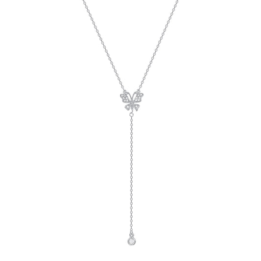 Silver 925 Rhodium Plated Cubic Zirconia Butterfly w/ Round Cubic Zirconia Necklace. BN3418