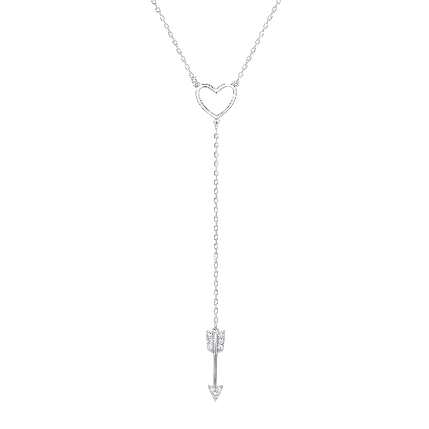 BN3444RHD. Silver 925 Rhodium Plated Heart and Cubic Zirconia Arrow Necklace