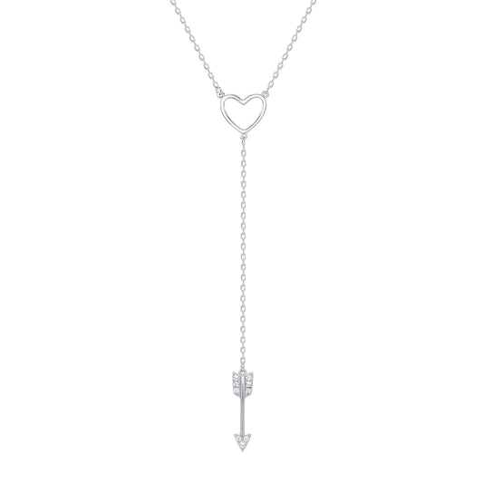 BN3444RHD. Silver 925 Rhodium Plated Heart and Cubic Zirconia Arrow Necklace