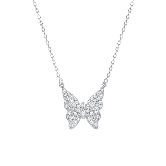 Silver 925 Rhodium Plated Butterfly Cubic Zirconia Necklace. BN3760
