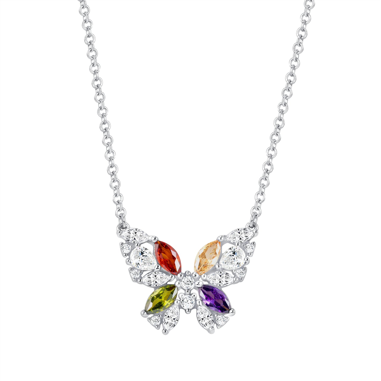Silver 925&nbsp;Multi Color Cubic Zirconia Butterfly Necklace. BN3969MUL
