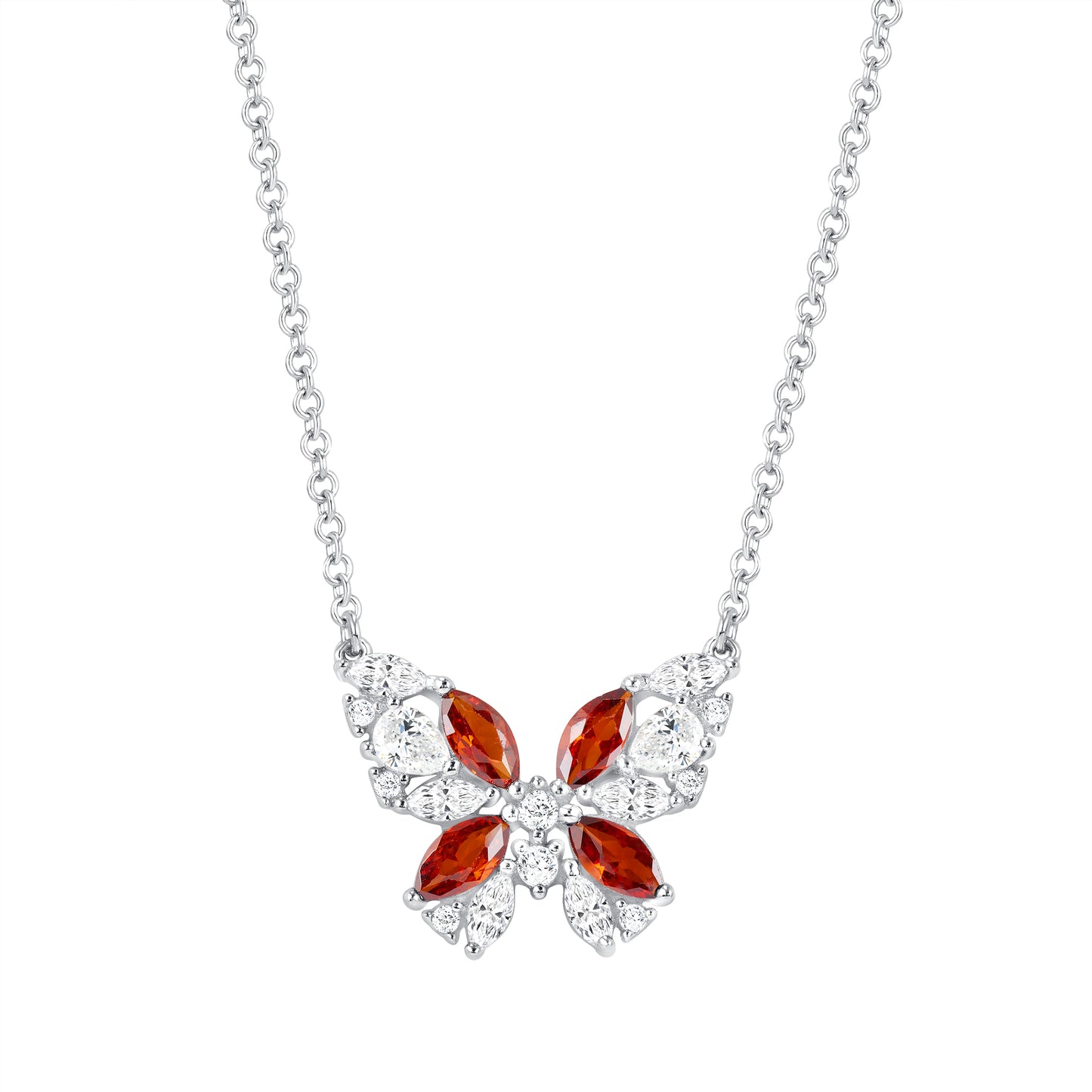 Silver 925&nbsp;Red and Clear Cubic Zirconia Butterfly Necklace. BN3969RED