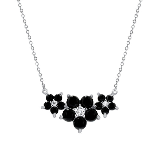 BN3989ONYX. Silver 925 3 Black Flowers w/ Cubic Zirconia 5 Petals Necklace