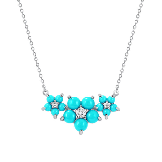 BN3989TQ. Silver 925 3 Turquoise Blue Flowers w/ Cubic Zirconia 5 Petals Necklace