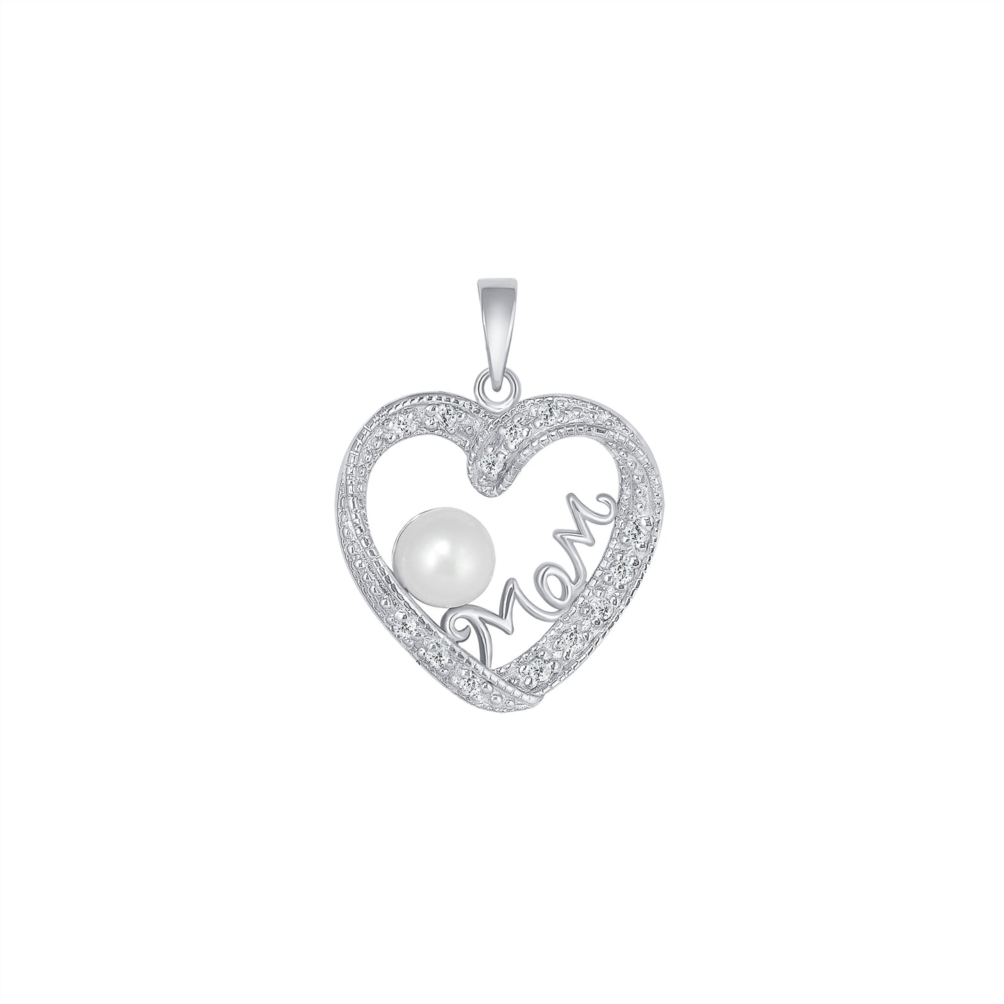 Silver 925 Rhodium Plated Cubic Zirconia & Pearl Mom Heart Pendant. BP14283