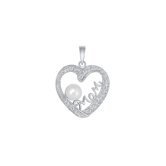 Silver 925 Rhodium Plated Cubic Zirconia & Pearl Mom Heart Pendant. BP14283