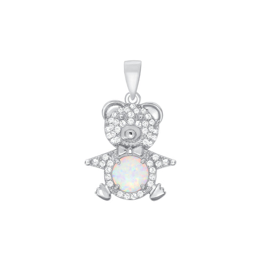 BP14310. Silver 925 Rhodium Plated Cubic Zirconia & White Opal Bear Pendant