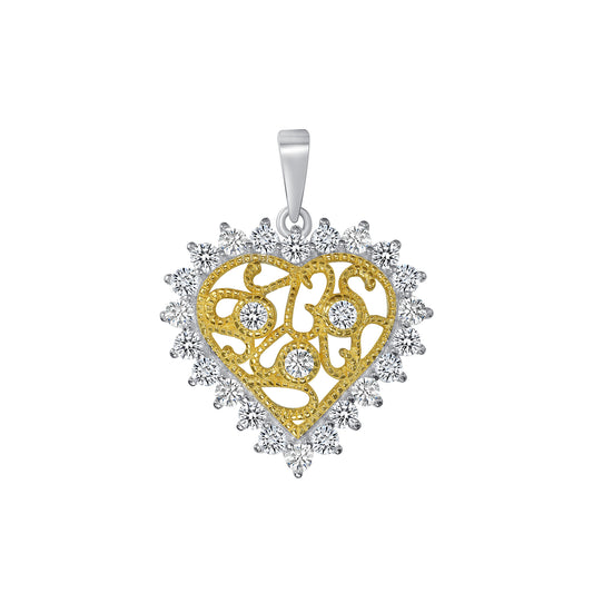 Silver 925 Rhodium and Gold Plated Cubic Zirconia Heart 18 Pendant. BP14413