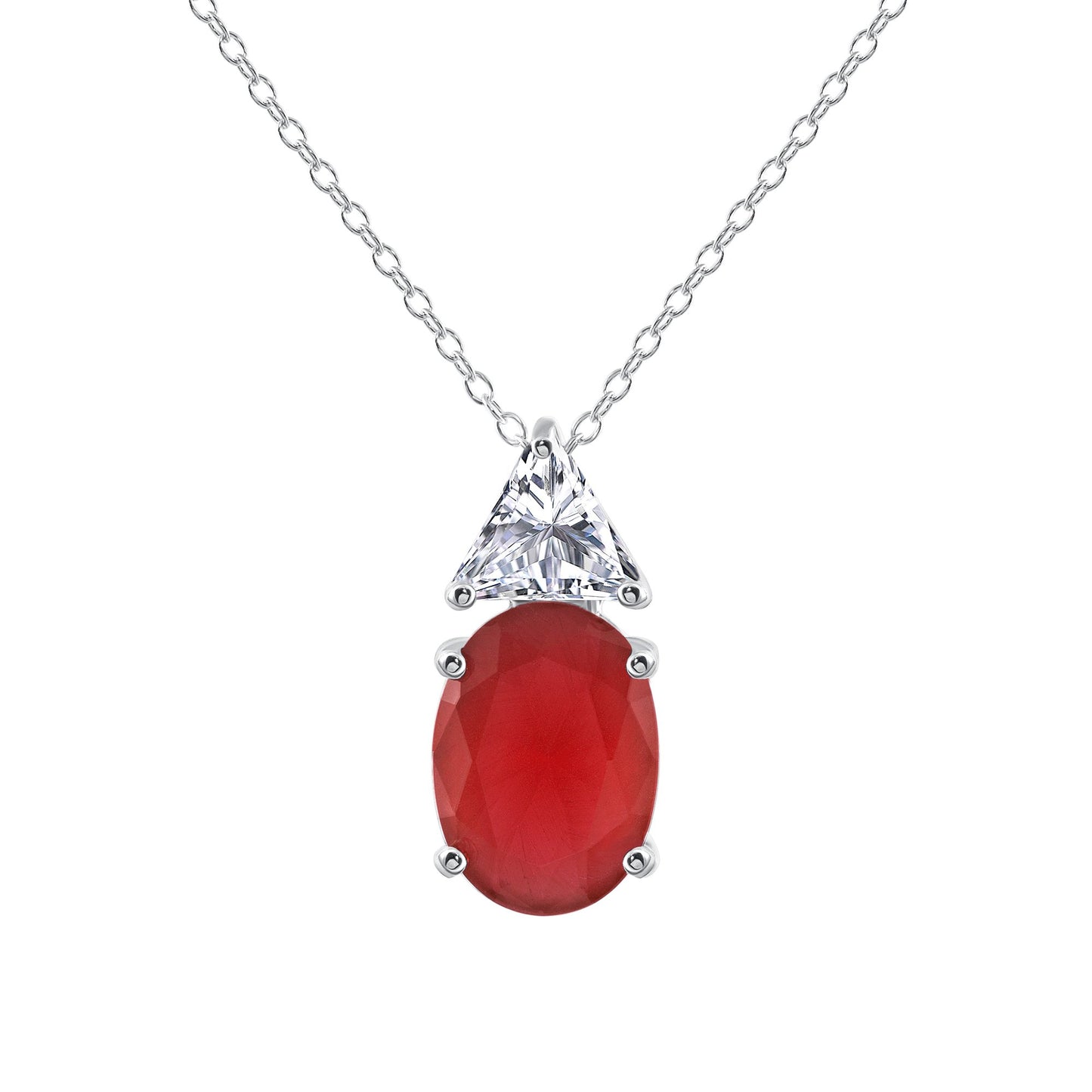 Silver 925 Rhodium Plated Red Garnet Oval Necklace. BP14779RED