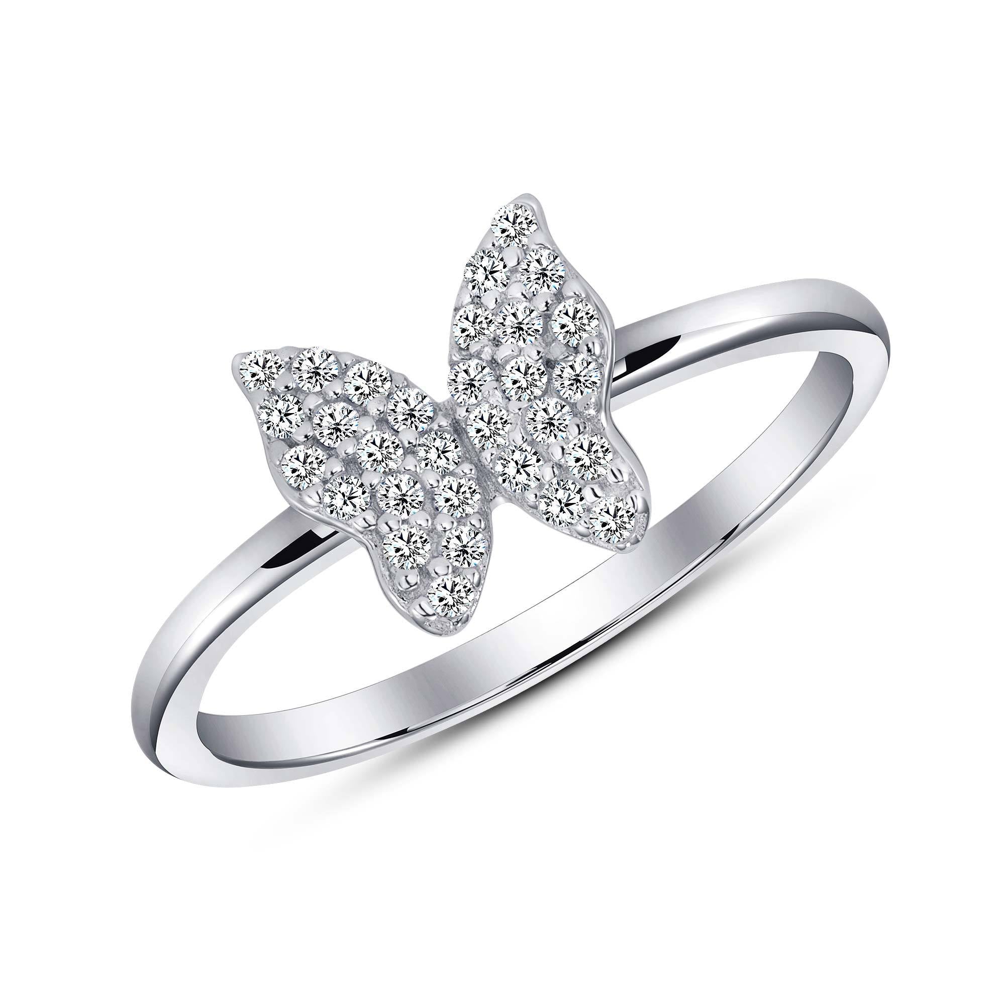 Silver 925 Rhodium Plated Micro Pave Cubic Zirconia Butterfly Ring. BR ...