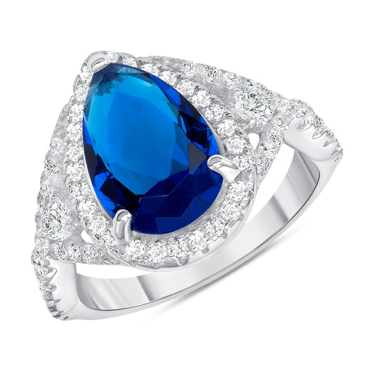 Silver 925 Rhodium Plated Sapphire Cubic Zirconia Center Stone Tear Shape Ring. BR14177BLU