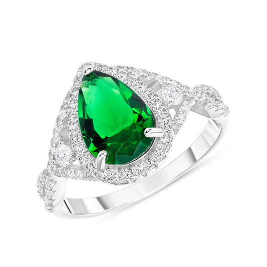 Silver 925 Rhodium Plated Emerald Cubic Zirconia Center Stone Tear Shape Ring. BR14177GRN