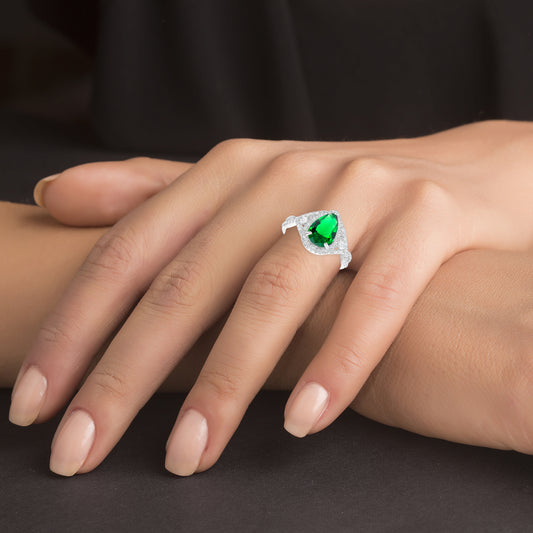 Silver 925 Rhodium Plated Emerald Cubic Zirconia Center Stone Tear Shape Ring. BR14177GRN
