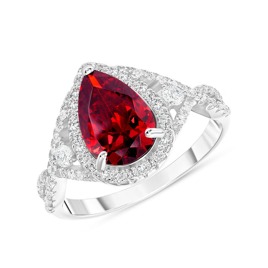 Silver 925 Rhodium Plated Ruby Cubic Zirconia Center Stone Tear Shape Ring. BR14177RED
