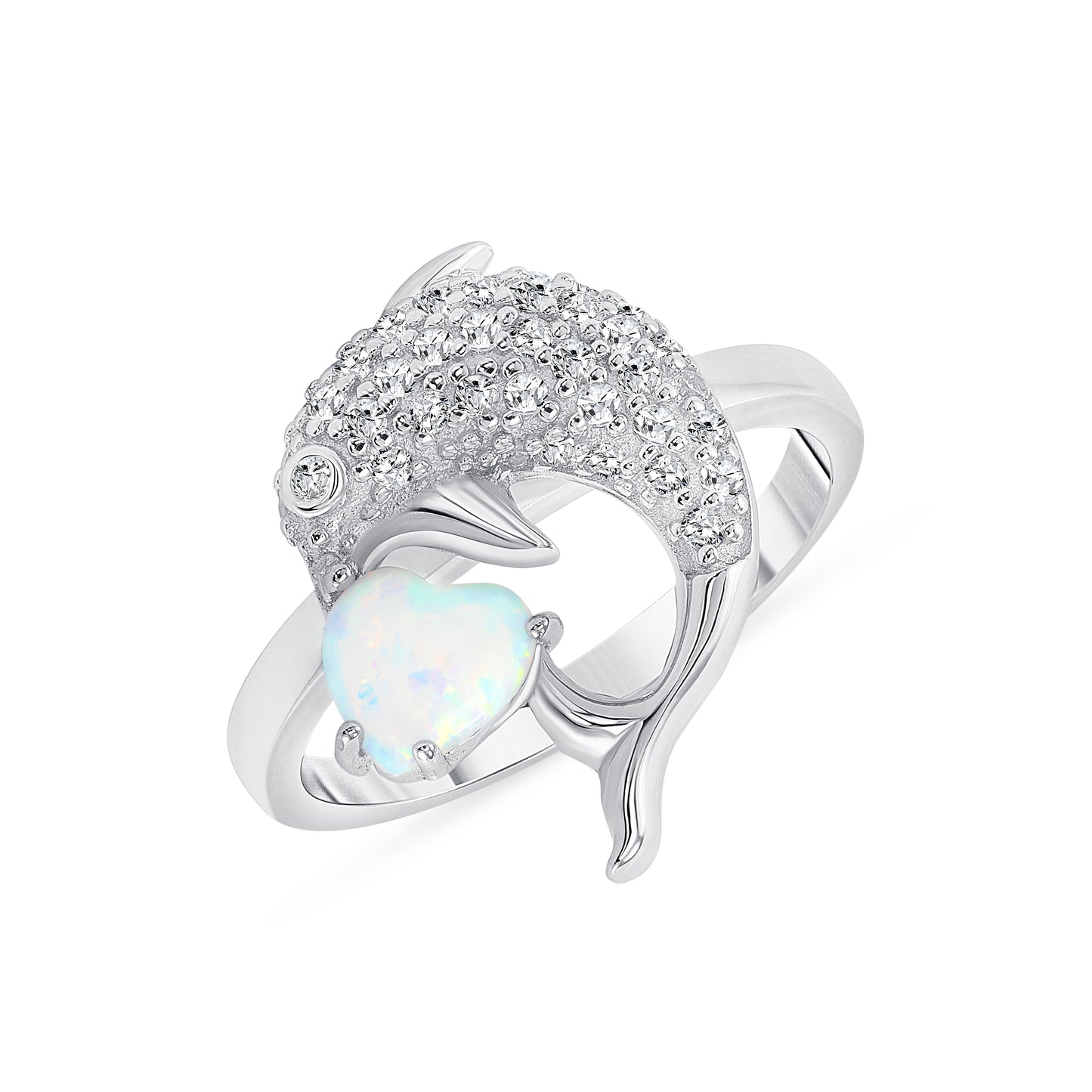 Silver 925 Rhodium Plated Cubic Zirconia and Opal Dolphin Ring. BR14242