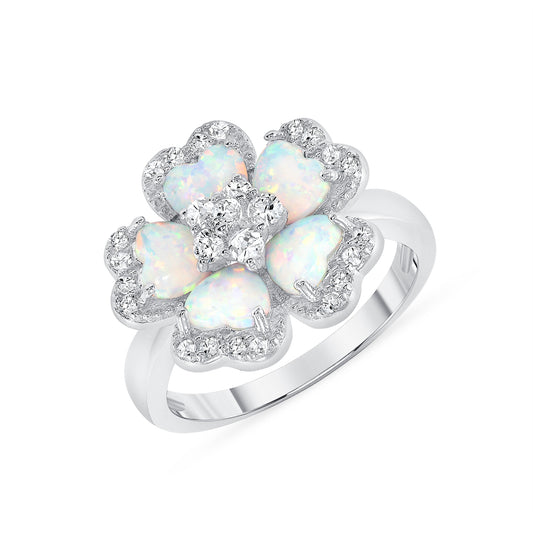 Silver 925 Rhodium Plated Opal & Clear Flower Cubic Zirconia Ring. BR14261