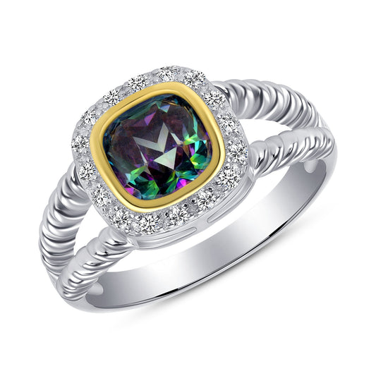 Sterling Silver 2 Tone Square Mystic Topaz Ring