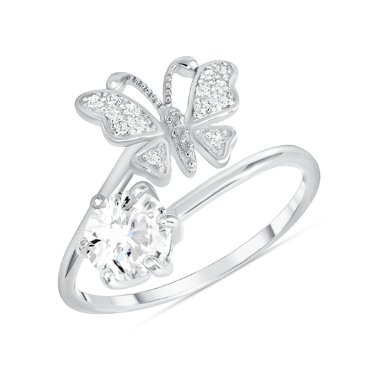 Silver 925 Rhodium Plated Clear Cubic Zirconia Butterfly Solitaire Ring. BR14519